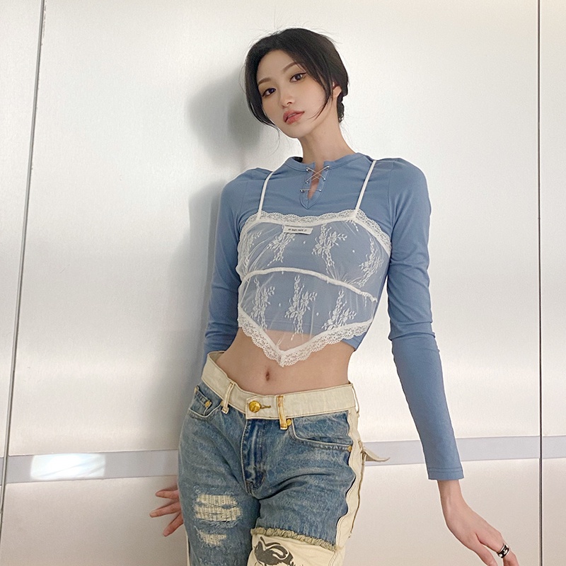 #Sisjuly# French salt girl cute lace stitching slim lengan panjang T-shirt bottoming shirt wanita