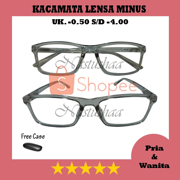 Kacamata Lensa Minus (-) Tersedia Uk. -0.50 s/d -4.00 Bingkai Kotak Abu-Abu Kacamata Rabun Jauh Pria dan Wanita FREE CASE