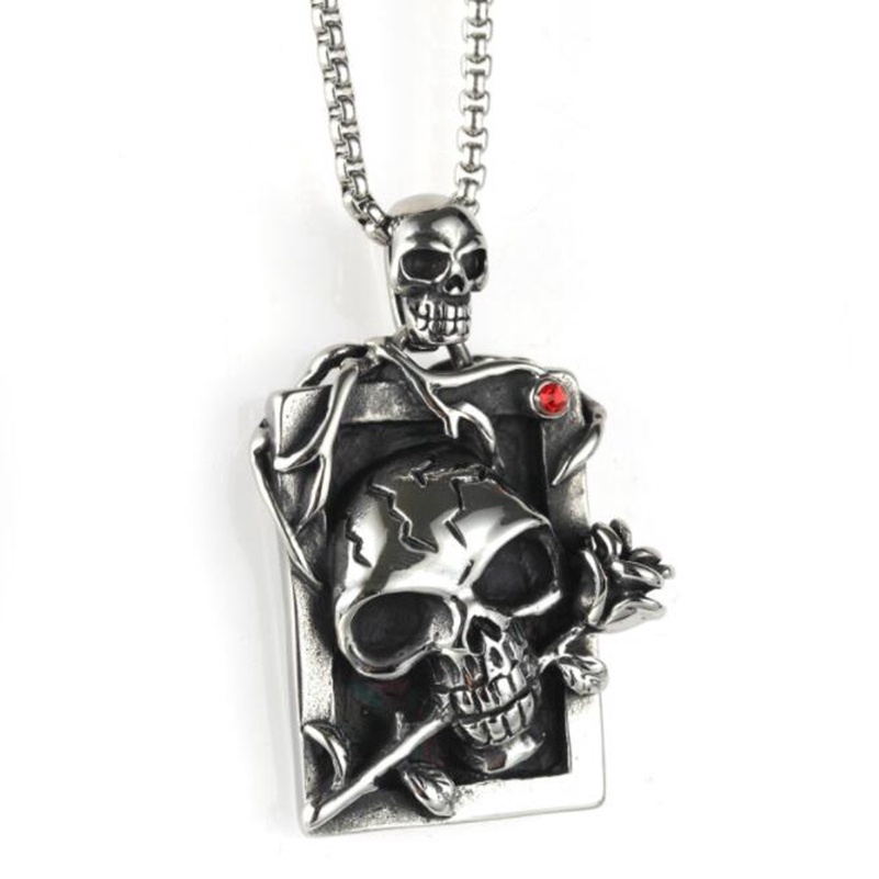 Men Gothetic Necklace Human Head Skull &amp; Withered Rose Pendant Charm Necklace