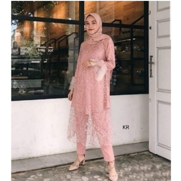 setelan Celana tunik brukat tile set baju pesta brokat tule set celana wisuda nikah tunangan pesta L