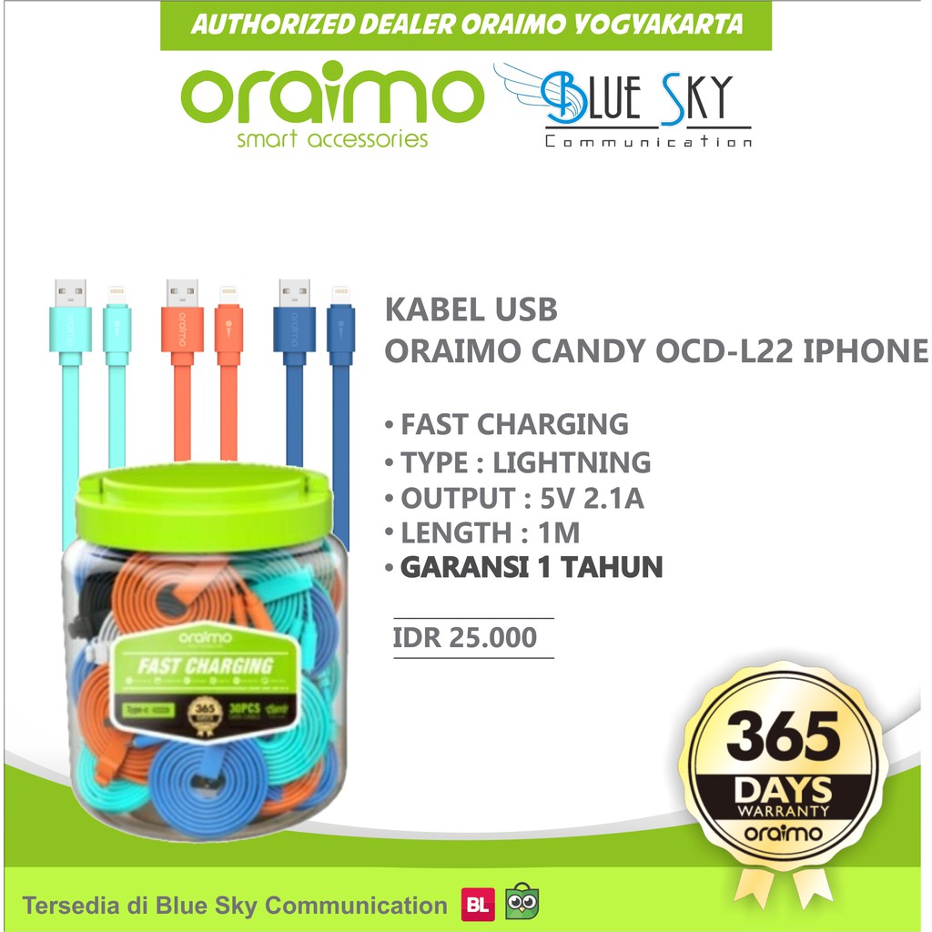 KABEL DATA USB ORAIMO CANDY OCD-L22 IPHONE LIGHTNING GARANSI ORIGINAL