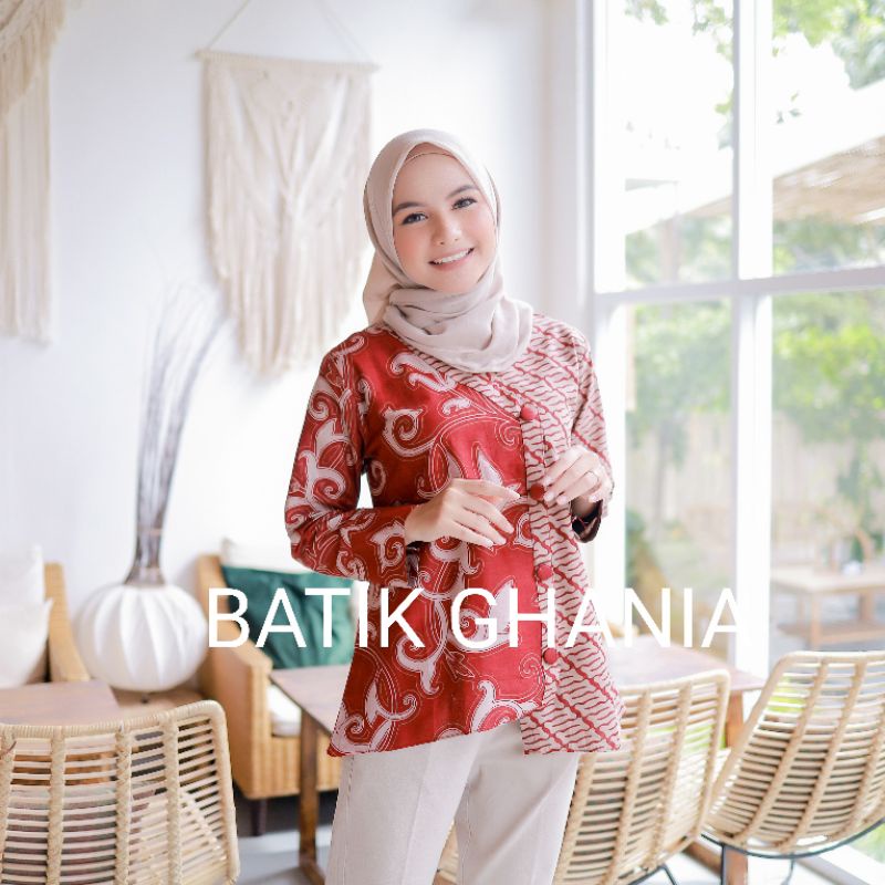 COUPLE BATIK ATASAN BATIK KANTOR MODERN BLOUSE LENGAN PANJANG MOTIF KANGKUNG MERAH