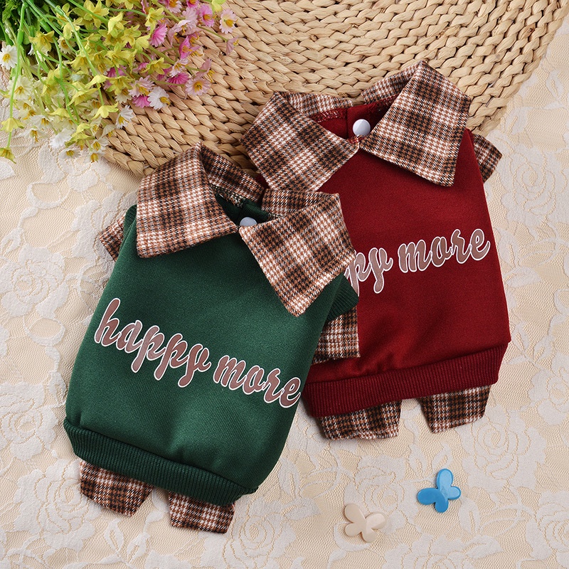 Baju Anjing / Kucing Peliharaan Motif Kotak-Kotak Bahan Fleece Hangat Untuk Musim Gugur