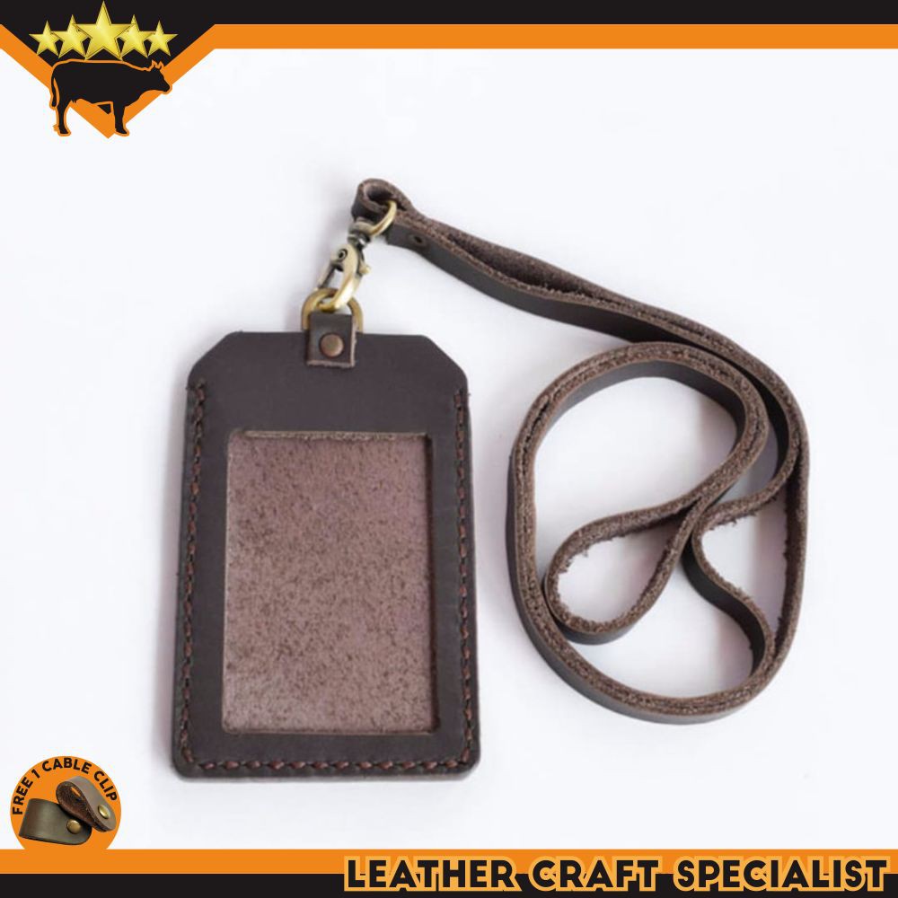 

GANTUNGAN NAME TAG ID CARD HOLDER KULIT ASLI HANDMADE DARK BROWN PROMO FREE CABLE CLIP