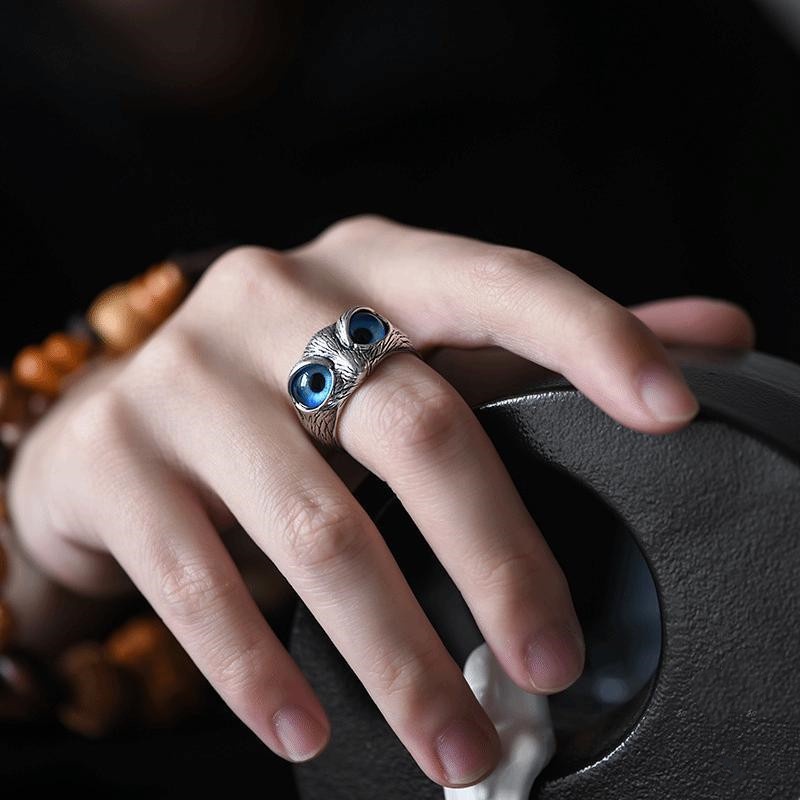 Cincin Model Terbuka Dapat Disesuaikan Desain Burung Hantu Mata Biru Gaya Vintage Gothic Untuk Unisex