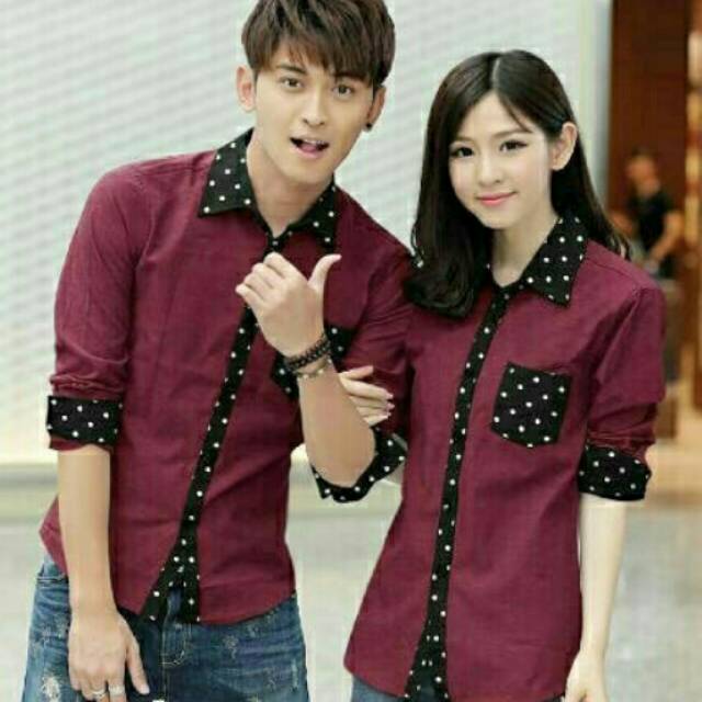 Kemeja couple combi polka dot maroon baju couple merag marun polkadot