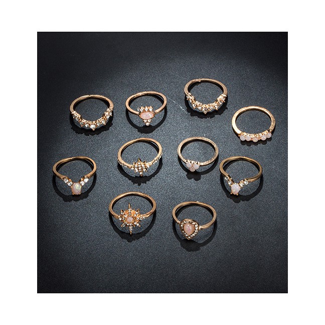 LRC Cincin Set Fashion Gold Star Droplet Diamond Protein Ring Set Of 10 F53200