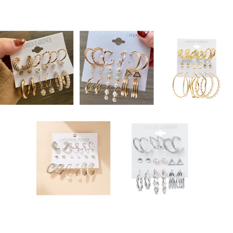 Fancyqube Fancycube 9 Pasang / Set Anting Mutiara Elegan Warna Emas