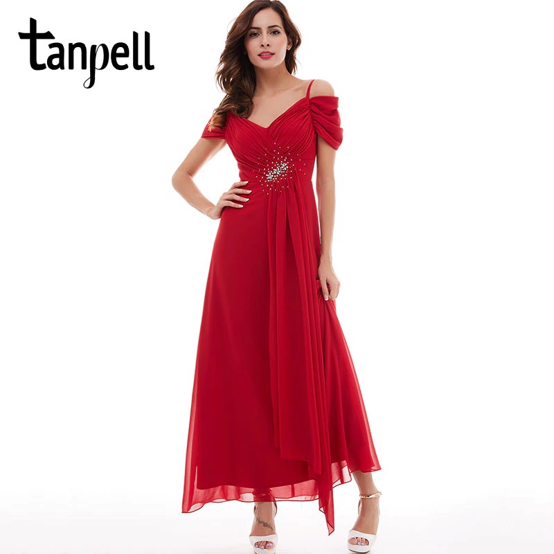 Tanpell spaghetti straps prom dress red short sleeves ankle length A-Line ruched dress cheap