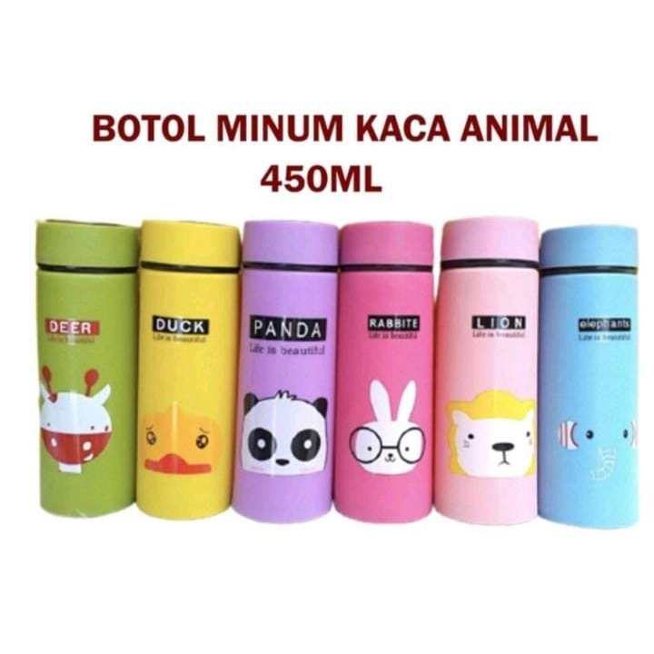 Botol Minum Kaca Animal Warna Tumbler Sekolah Kerja Thermos Termos Karakter 450mL