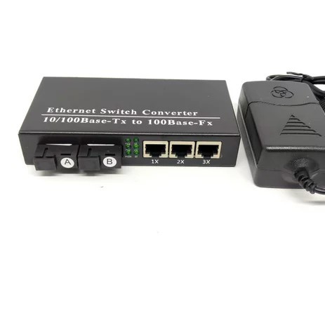 HSAirpo Converter 2 Port Fiber optic to 3 Port LAN 10-100 Base Fast Ethernet Fiber Optic