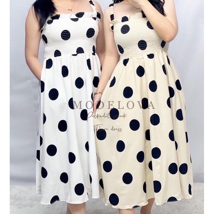 MDLV ~ 1570# Polkadot Smocked Flare Dress Long Dress Polkadot Dress Korea Dress Premium Import Fashion Import