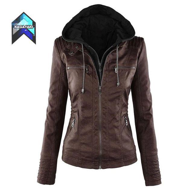 Jaket kulit sintetis wanita / jaket semi kulit hoodie / jaket murah /  fashion wanita-Cofee