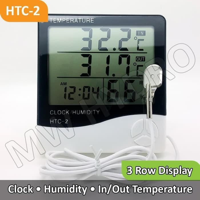 Thermometer &amp; Hygrometer HTC-2 - 3 Row Display - In/Out &amp; Clock