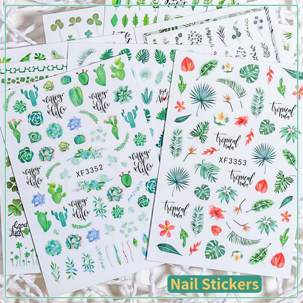 AUGUSTINA Agustin 3D Nail Art Stiker Musim Semi Dan Musim Panas Seri Kaktus Perekat Diri Stiker Bunga Tanaman DIY Desain Nail Art