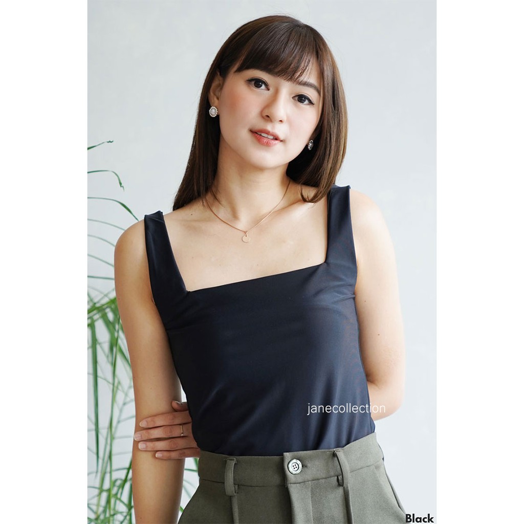 JANE COLLECTION || TankTop Korea Bahu Lebar Wanita Polos Crop Top Tengtop Square Neck Kamisol Tali Lebar Tank Top Adelia [ Hitam Putih Lilac Hijau Mint Baby Pink Light Grey Krem Cream Maroon Fuschia Navy ]