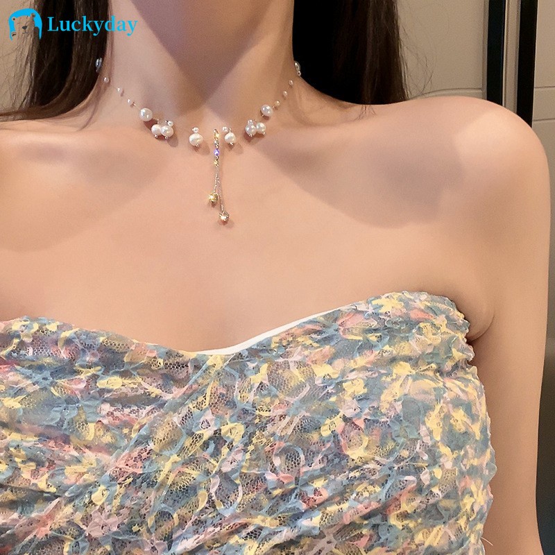 YEEZII Kalung Rantai Rumbai Mutiara Kristal Warna Silver Untuk Wanita