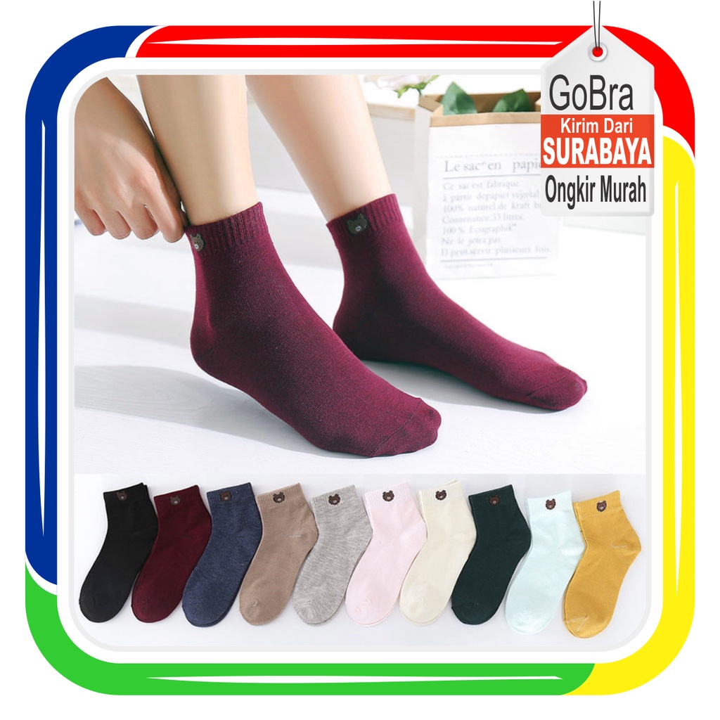 Gobra ♕ KK012 Kaos Kaki (Tanpa Kemasan) Wanita Panjang Diatas Mata Kaki Motif Bear Beruang Fashion Korea Women Sock Import Murah