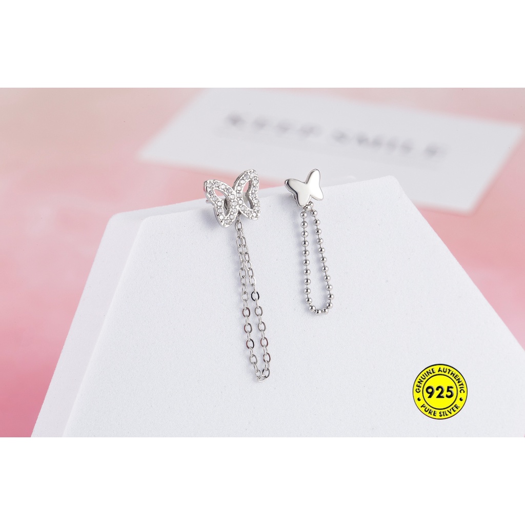 Anting Stud Desain Kupu-Kupu Asimetris Aksen Berlian Imitasi Bahan S925 Sterling Silver Tahan Air Untuk Wanita