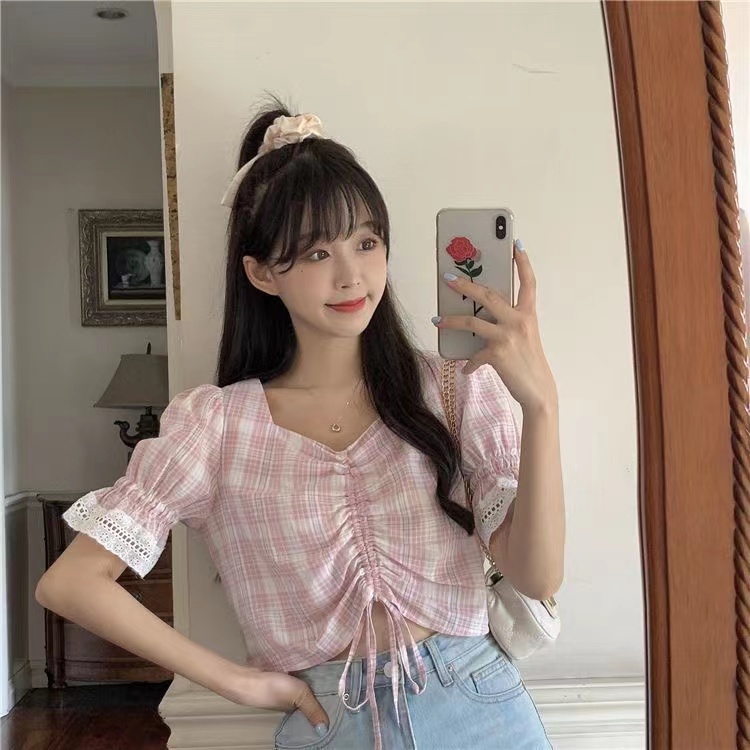 MOOGU ♡ Korea kotak-kotak lengan pendek blouse atasan wanita