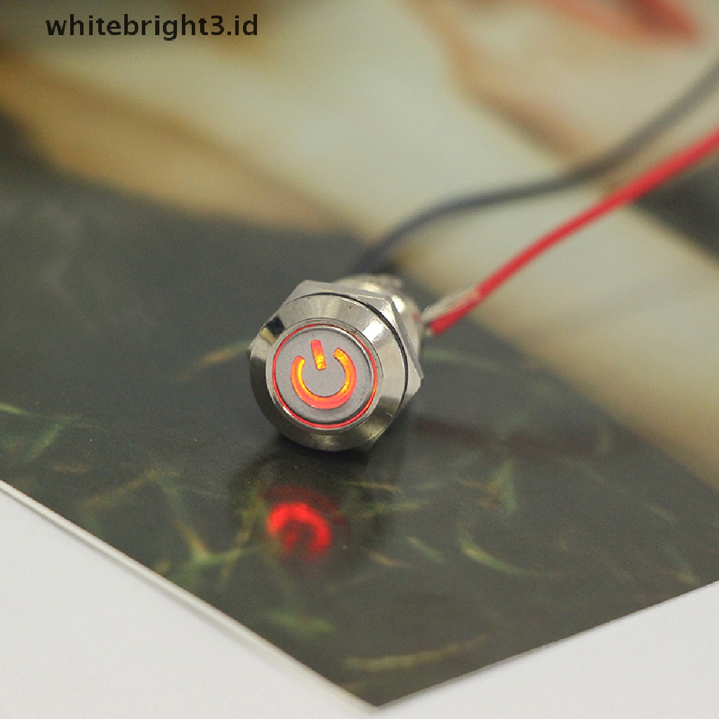 (whitebright3.id) Tombol Tekan 12mm 12V Bahan Metal Warna Hitam Anti Air Dengan Lampu LED Power Supply