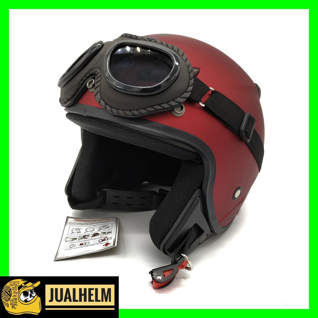 Helm JPN MOMO Retro Red Doff + Goggle One (Bogo / Vespa / Classic / Klasik)