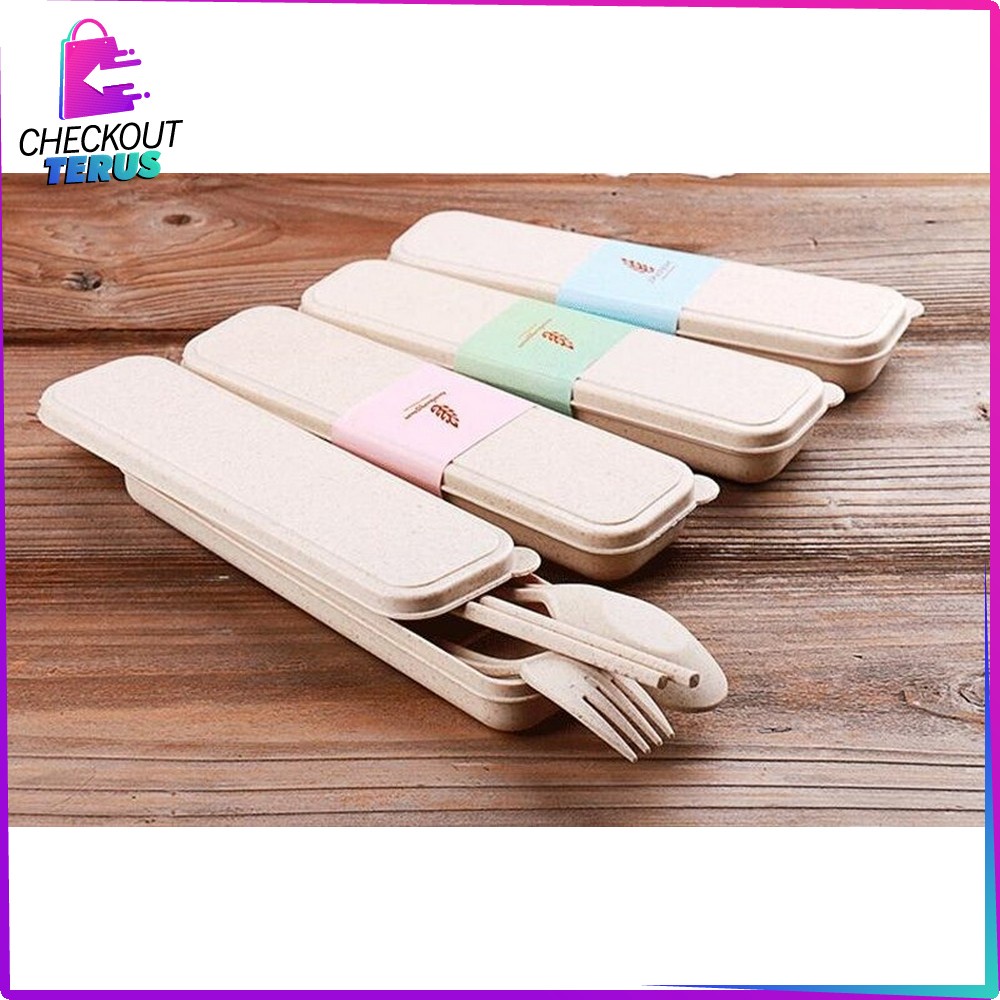 CT C176 Sendok Garpu Sumpit 3in1 Bahan Jerami Gandum Perlengkapan Makan Set Korea Impor Travel Cutlery Set