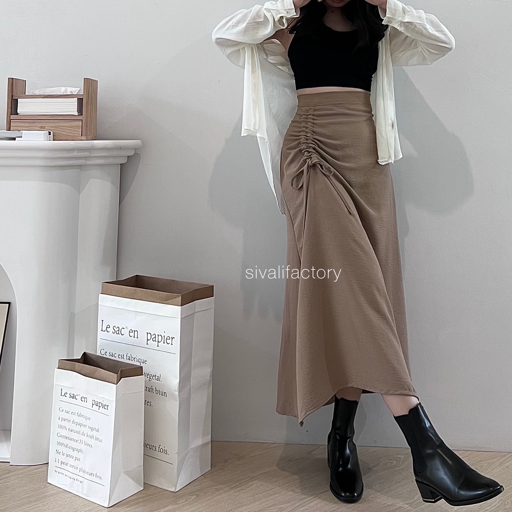 Tamara Skirt - Rok Serut Casual Flowy - Midi Maxi Ruched Skirt - Rok Wanita Korean Look-Choco