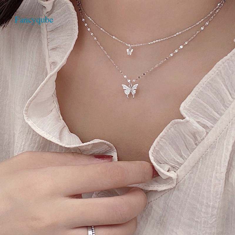 Elegant 925 Silver Shiny Butterfly Necklace Ladies Exquisite Double Layer Clavicle Chain Necklace Jewelry Jewelry Gift