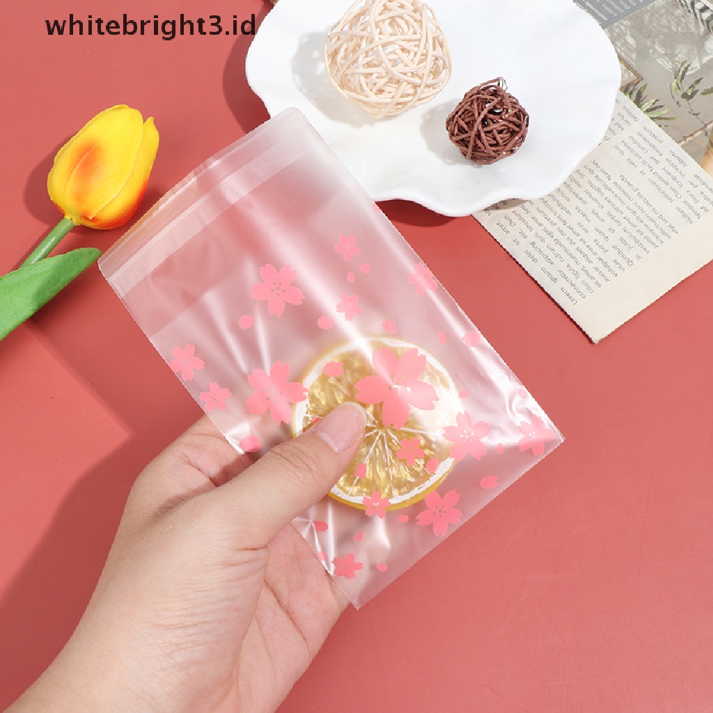 (whitebright3.id) 100pcs / Set Kantong Plastik Motif Bunga Sakura Untuk Tempat Permen / Kue