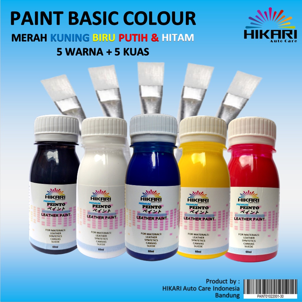 PEINTO Leather Paint Paket Paint Basic Merah, Biru, Kuning, Putih, Hitam + 5 Kuas