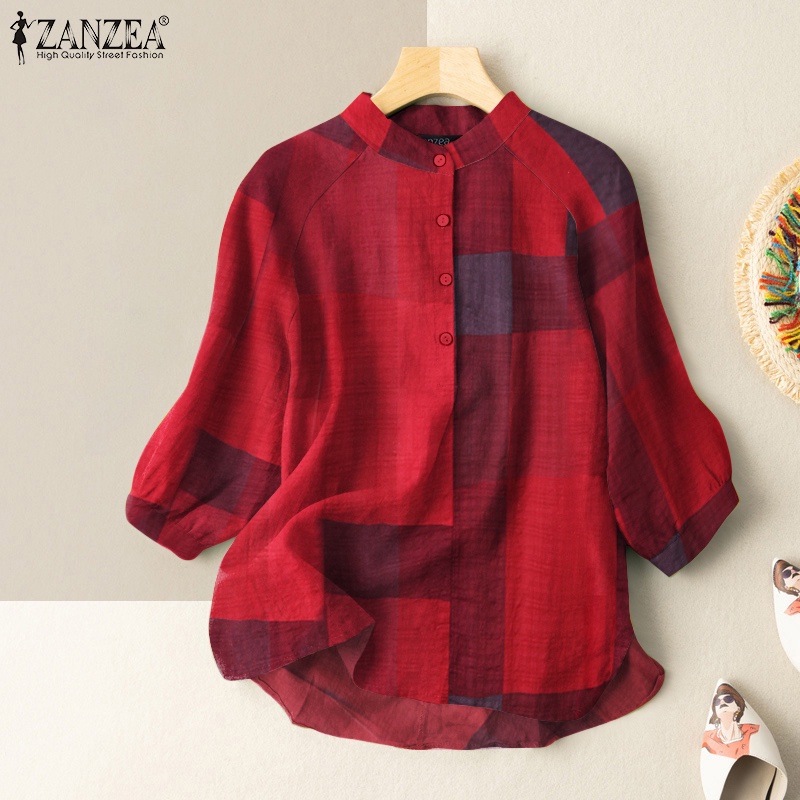 ZANZEA Womens Daily Casual O Neck Plaid Printed Loose Blouse