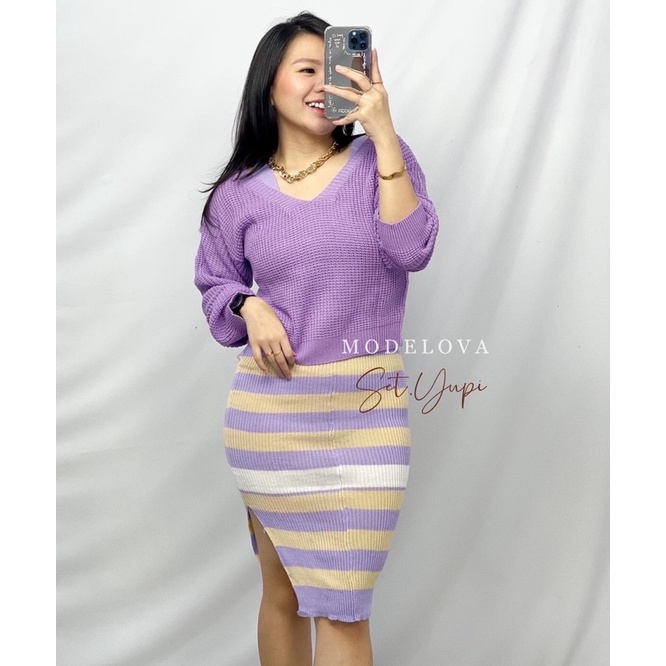 MDLV ~ SET YUPI RAJUT STRIPE SET RAJUT BAJU RAJUT  FASHION WANITA