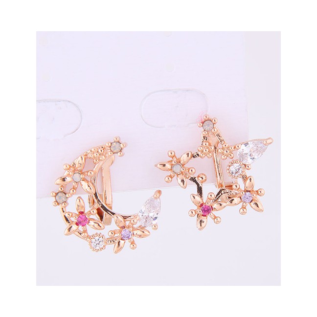 LRC Anting Jepit Fashion Copper Micro-inlaid Zircon Star And Moon Asymmetrical Earrings A58995