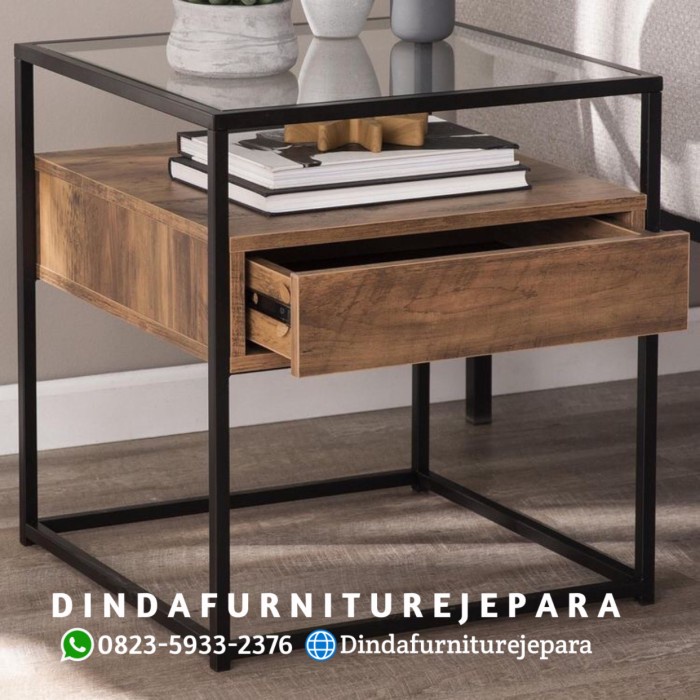 SIDE TABLE INDUSTRIAL TOP KACA - SIDE TABLE LACI KAYU JATI TOP KACA -