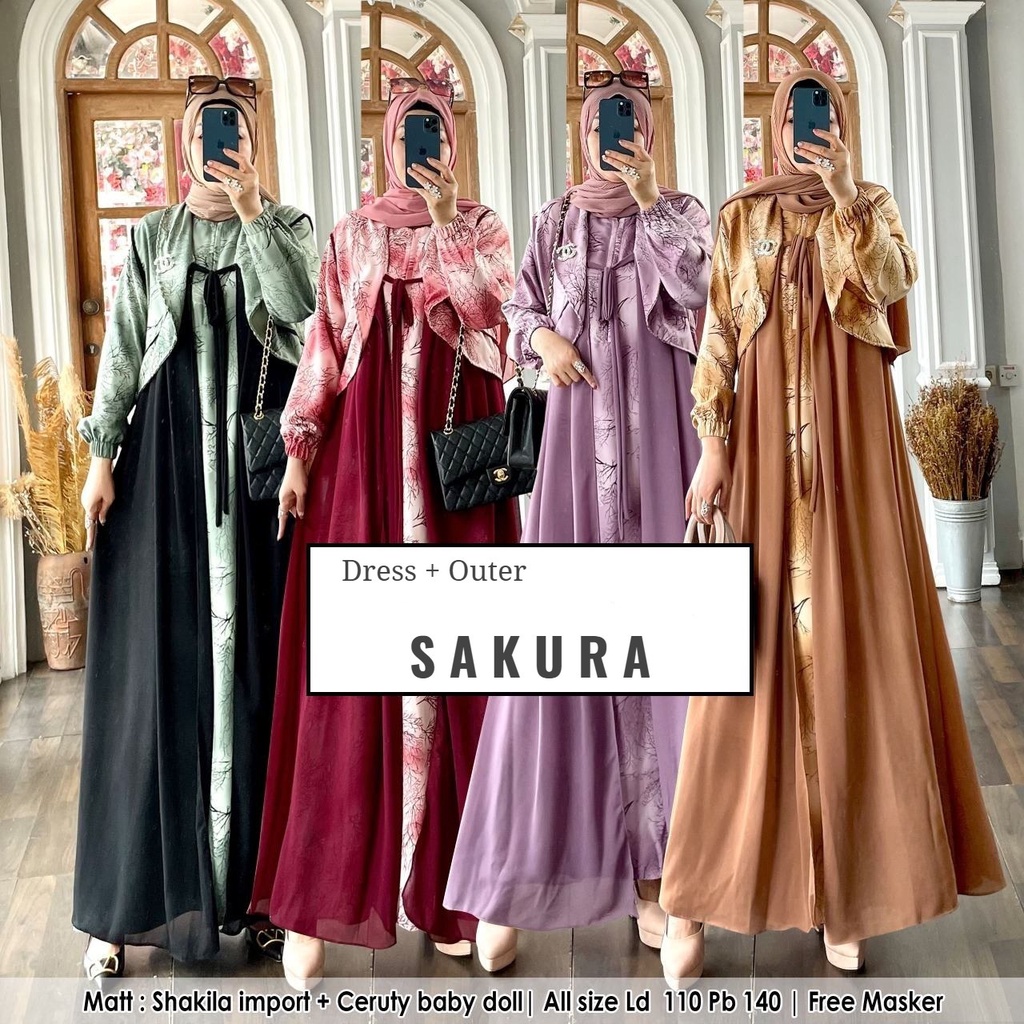 SAKURA DRESS 2IN1 OUTER BY LF GAMIS MUSLIM SHAKILA IMPOR MIX CERUTY BABYDOLL LD 110 PB 140 FIT XL