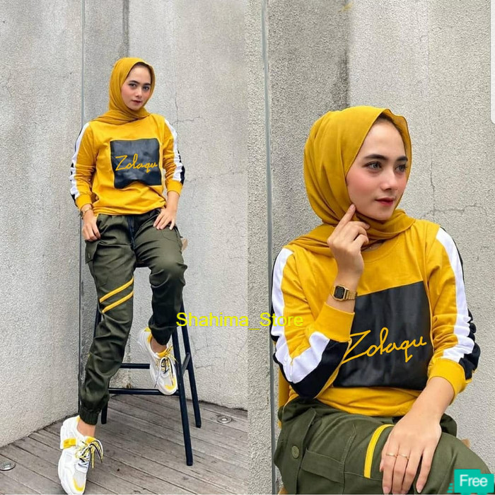 setelan olahraga muslim Zolaqu Set l Zolaku Setelan Baju Muslim Wanita Terbaru dan Terlaris - Kuning