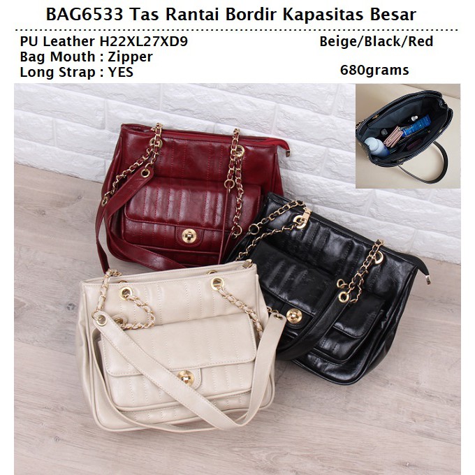 BAG6533. SALE Tas Rantai Bordir Kapasitas Besar. Bahan PU Leather