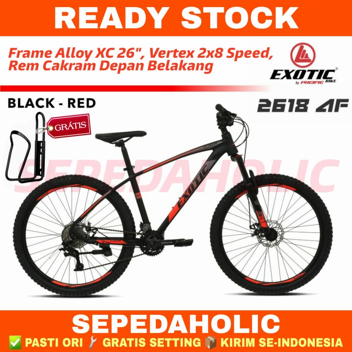 Sepeda Gunung 26" Inch MTB EXOTIC 2618 AF Alloy 16 Speed Rem Cakram - Black Red, Bonus Holder