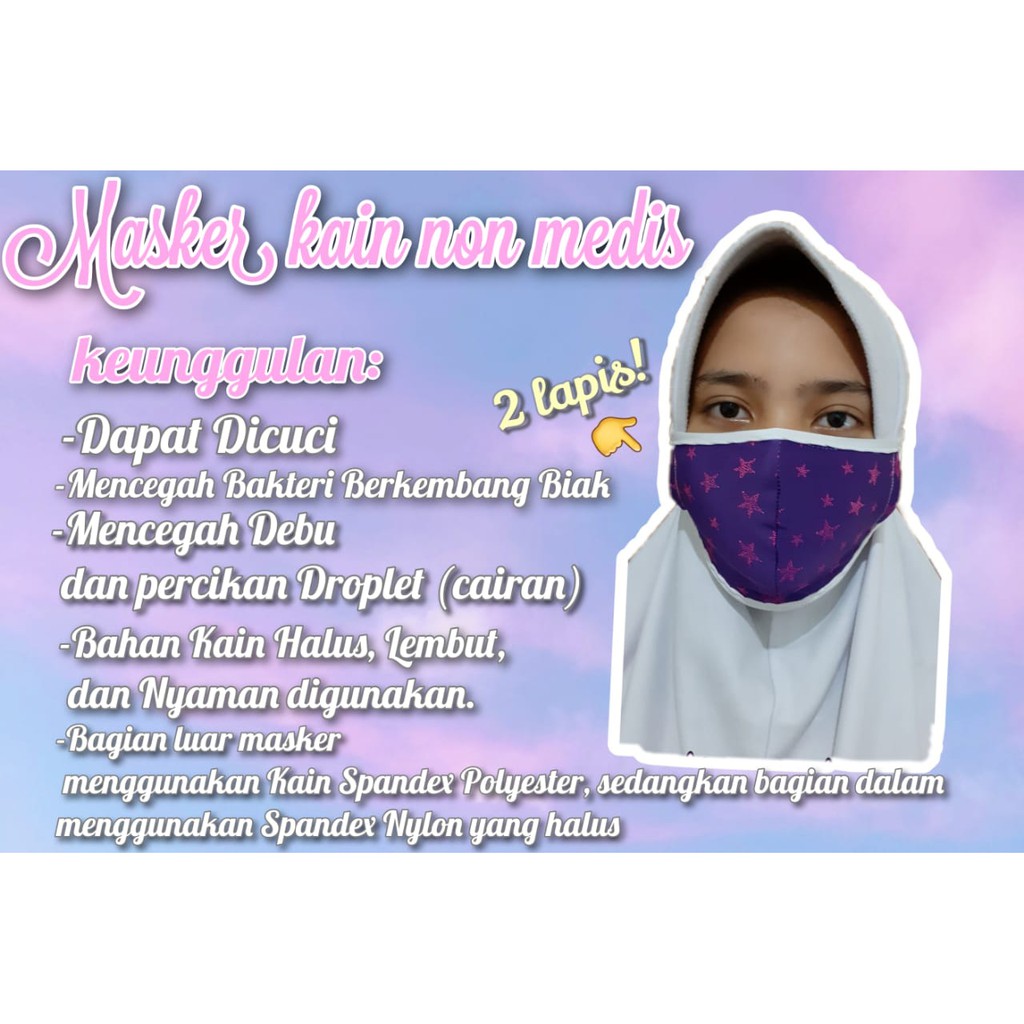 Masker Kain 2 Lapis. Bahan Spandex Polyester. Tali Hijab Panjang ~MOTIF UNGU BINTANG~