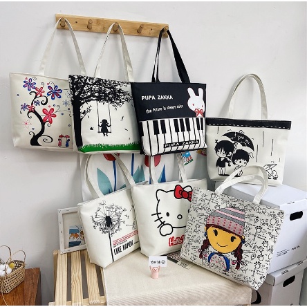 Tas Bahu Tote Bag Fashion Korea Japan Wanita Oxford Tas Kanvas Tebal Premium Motif Murah Tas Belanja