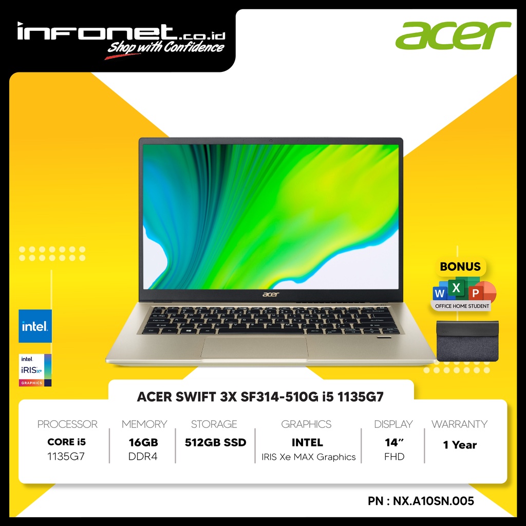 ACER SWIFT 3x SF314-510G i5 1135G7 16GB 512GB SSD INTEL IRIS XE MAX GRAPHICS W10 OHS 14" FHD
