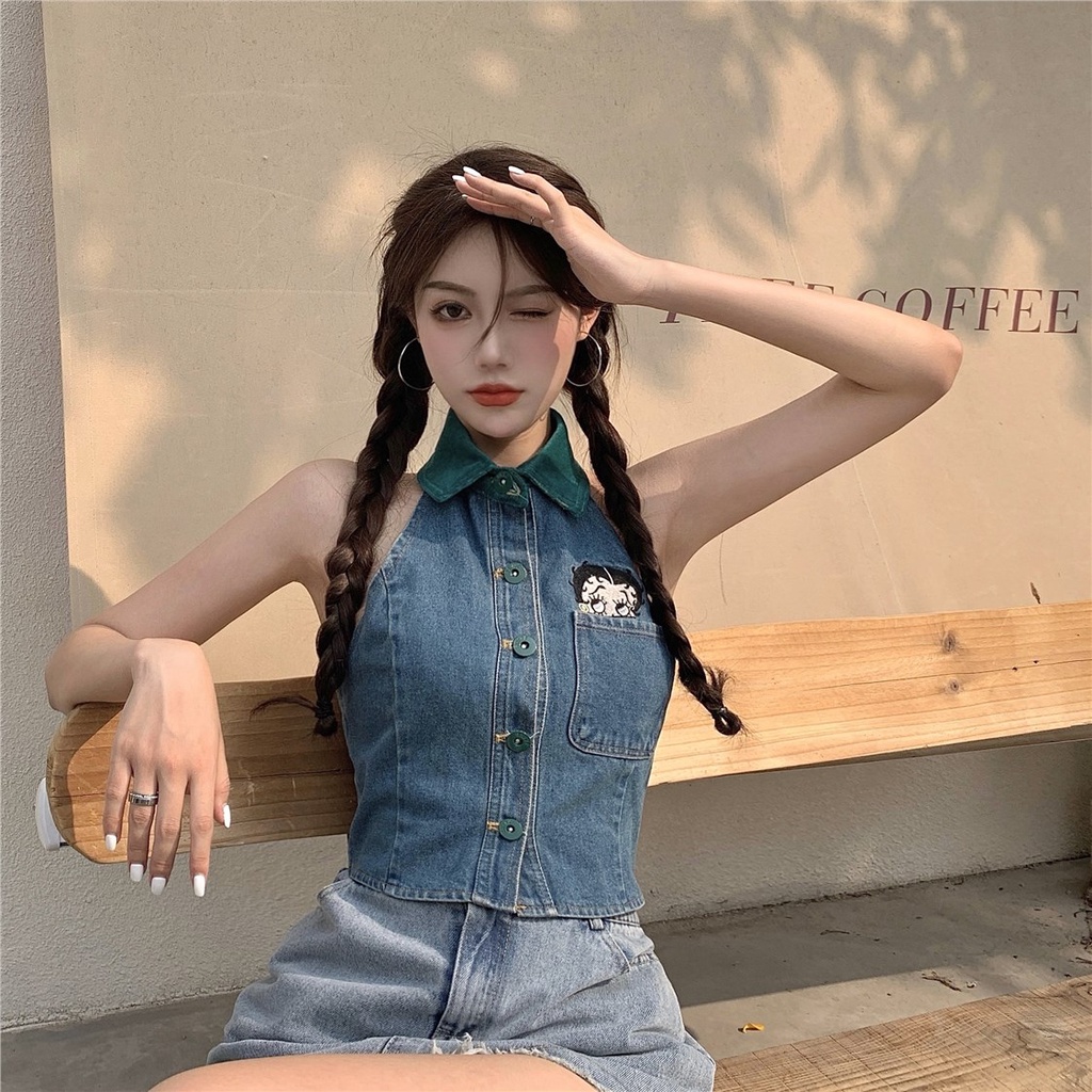 Saku Kancing Kerah Tanpa Lengan Pendek Denim Bordir Kecil Tank Top Wanita