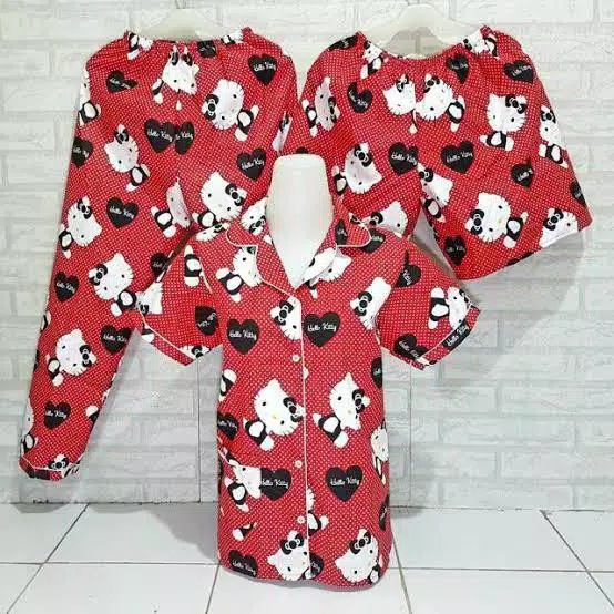 JNV Piyama Dewasa CP 3in1 Motif Karakter Kartun 01 - Baju Tidur 3in1 - Bahan Katun-HK New Love Merah