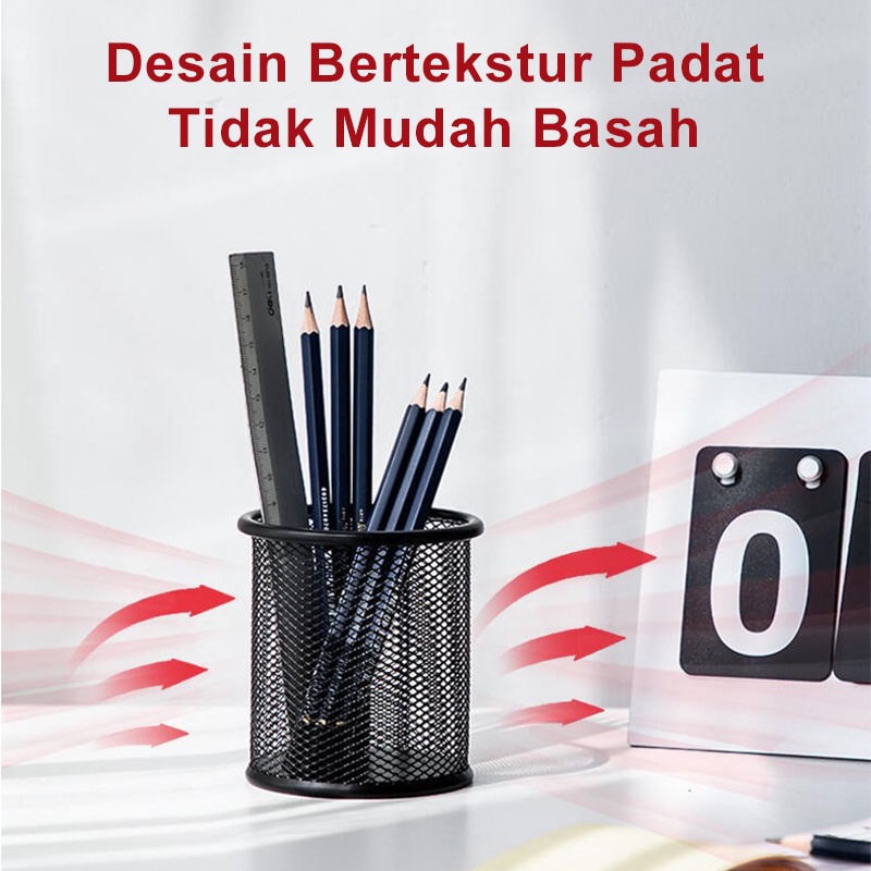 Deli Rak Pensil Bahan Baja Jala Tempat Pena Tempat Alat Tulis Tahan Air Bulat Warna Hitam Organisator Pen Holder