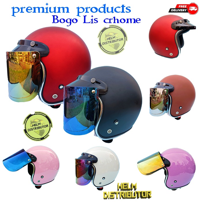 HELM BOGO DEWASA KACA DATAR BIRU DAN GOLD, LIS CHROME KUALITAS PREMIUM, UNTUK PRIA DAN WANITA. COD