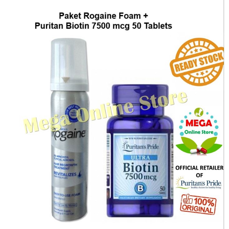 PAKET Rogaine Foam 60 g + Puritan Pride Biotin 7500 mcg 50 Tablet