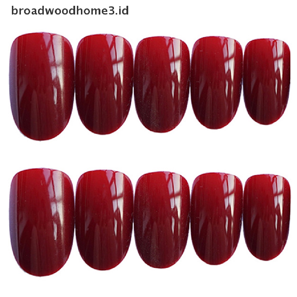 24pcs Kuku Palsu Kepala Bulat Warna Merah wine Dengan Lem Belakang Untuk Manicure