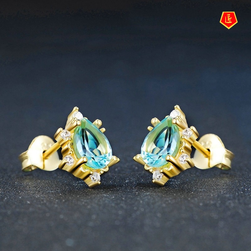 [Ready Stock]Fashion Inlaid Topaz Stud Earrings 14K Gold