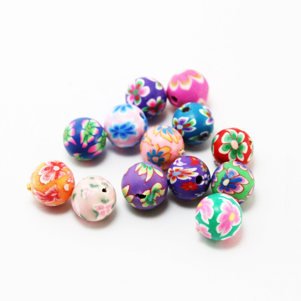 10-20pcs / Lot Manik-Manik Polymer Clay Bulat Motif Print Bunga Ukuran 6 8 10 12mm Untuk Membuat Perhiasan